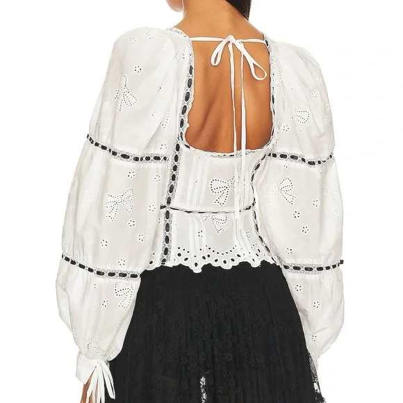For Love And Lemons Rowan White Eyelet Peasant Blouse with Black Trim - Picture 2 of 5